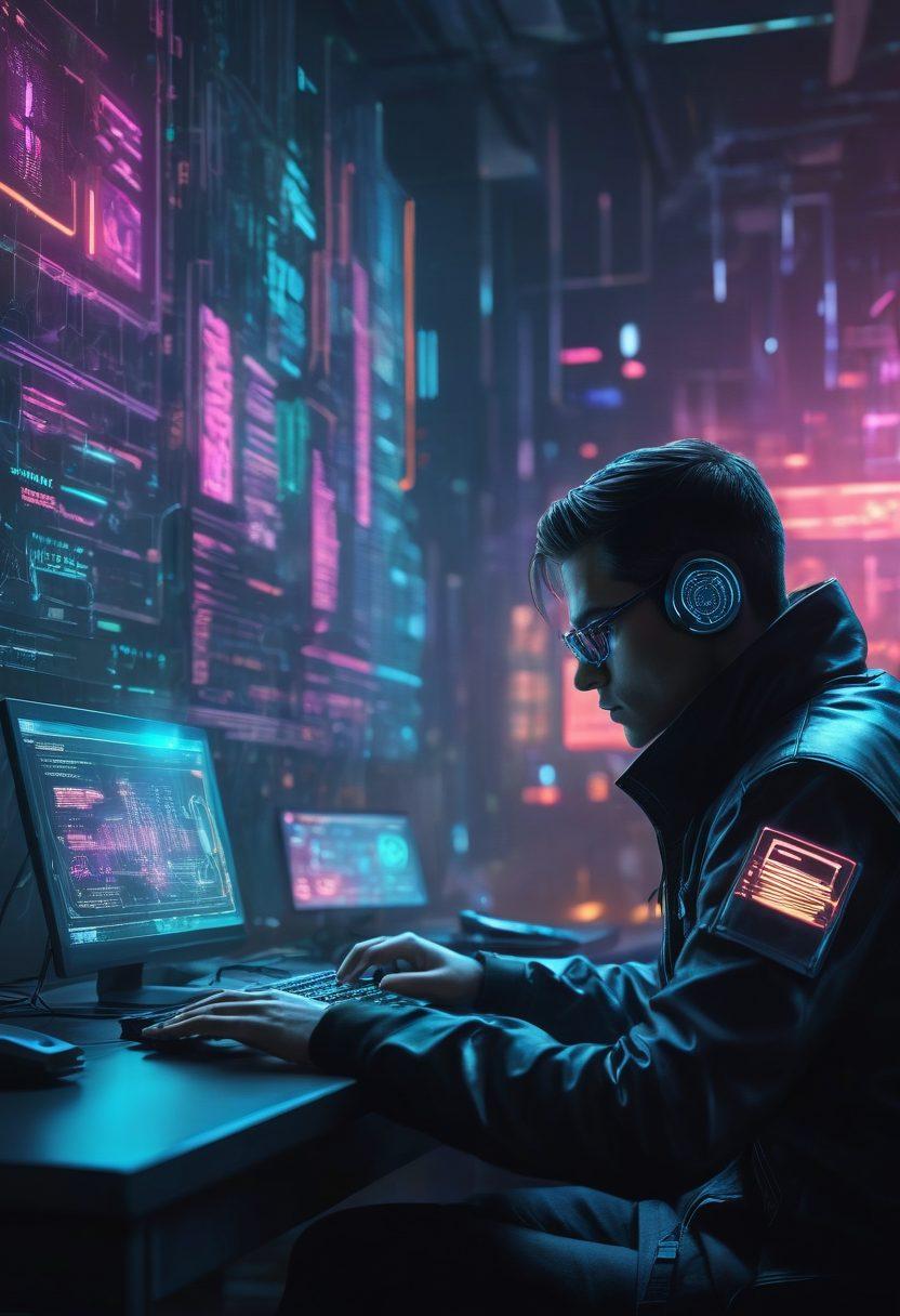 A futuristic digital landscape filled with holographic shields and floating binary codes representing cybersecurity. In the foreground, a vigilant person using a laptop surrounded by glowing malware detection icons and warning signs. A digital lock symbolizes protection, while dark shadows loom in the background, hinting at lurking threats. The scene radiates a sense of urgency and proactive vigilance. cyberpunk. vibrant colors. 3D.