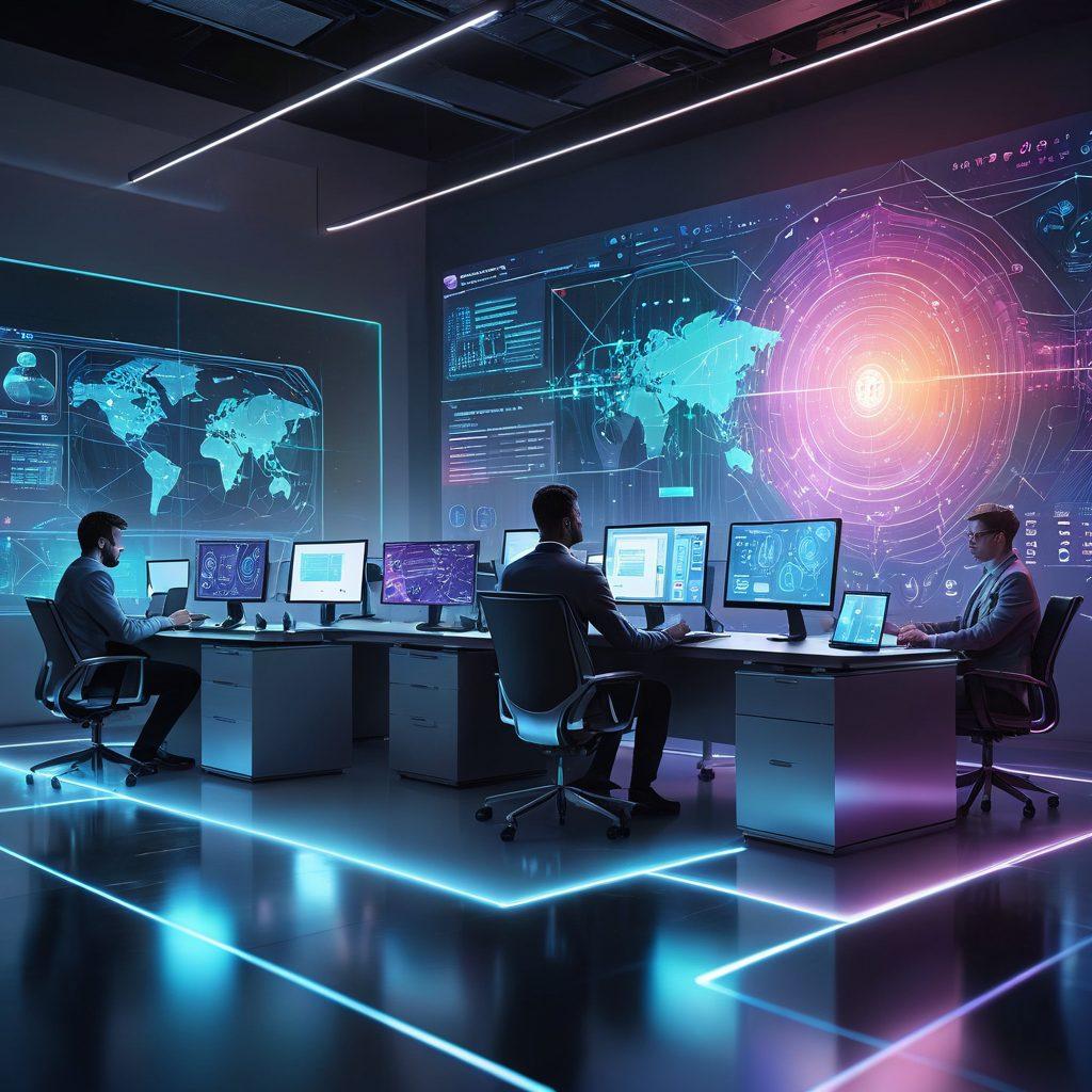 A futuristic office scene showcasing a diverse group of professionals collaborating around a holographic display of cybersecurity statistics and strategies. In the background, digital shields and malware representations are illustrated, symbolizing protection. The atmosphere is dynamic with vibrant colors highlighting technology. Emphasize a sense of teamwork and vigilance against cyber threats. 3D illustration. vibrant colors. digital art.