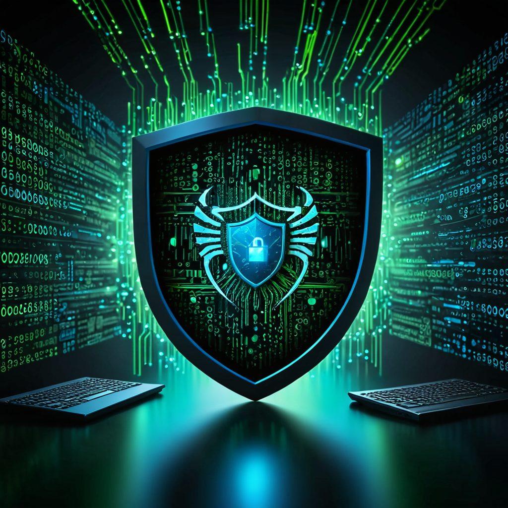 A powerful digital shield emerging from a backdrop of binary code, symbolizing cybersecurity. In the foreground, elements representing malware such as bugs and viruses are being repelled by the shield. The scene is illuminated with vibrant blue and green hues, emphasizing a tech-savvy environment. The image showcases devices like computers and smartphones surrounded by protective layers, conveying the essence of digital defense. super-realistic. vibrant colors. dark background.